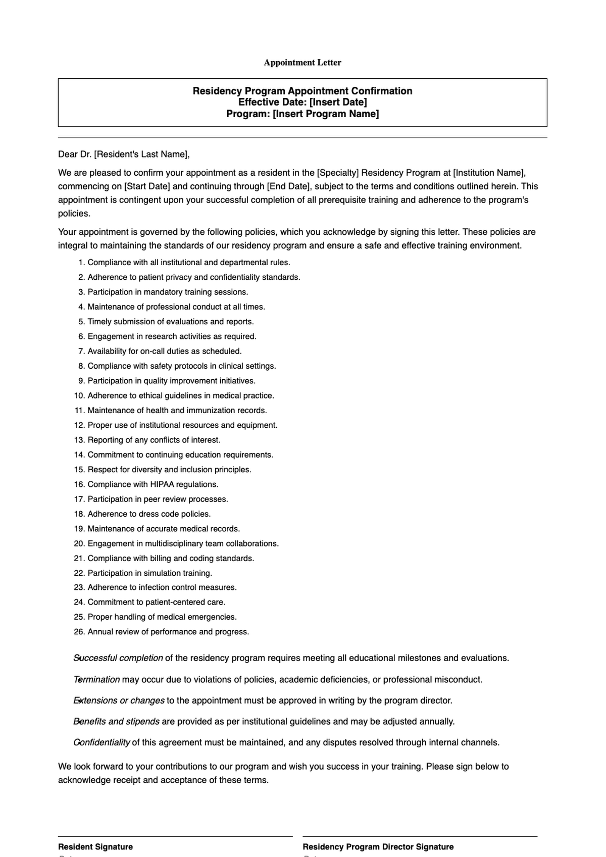 Pharmacy residency appointment letter example with policy list and signature lines_variant_3